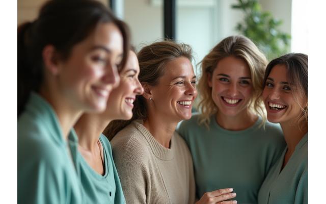 Gruppo di donne che si supportano a vicenda in un cerchio, simboleggiando inclusività e sicurezza