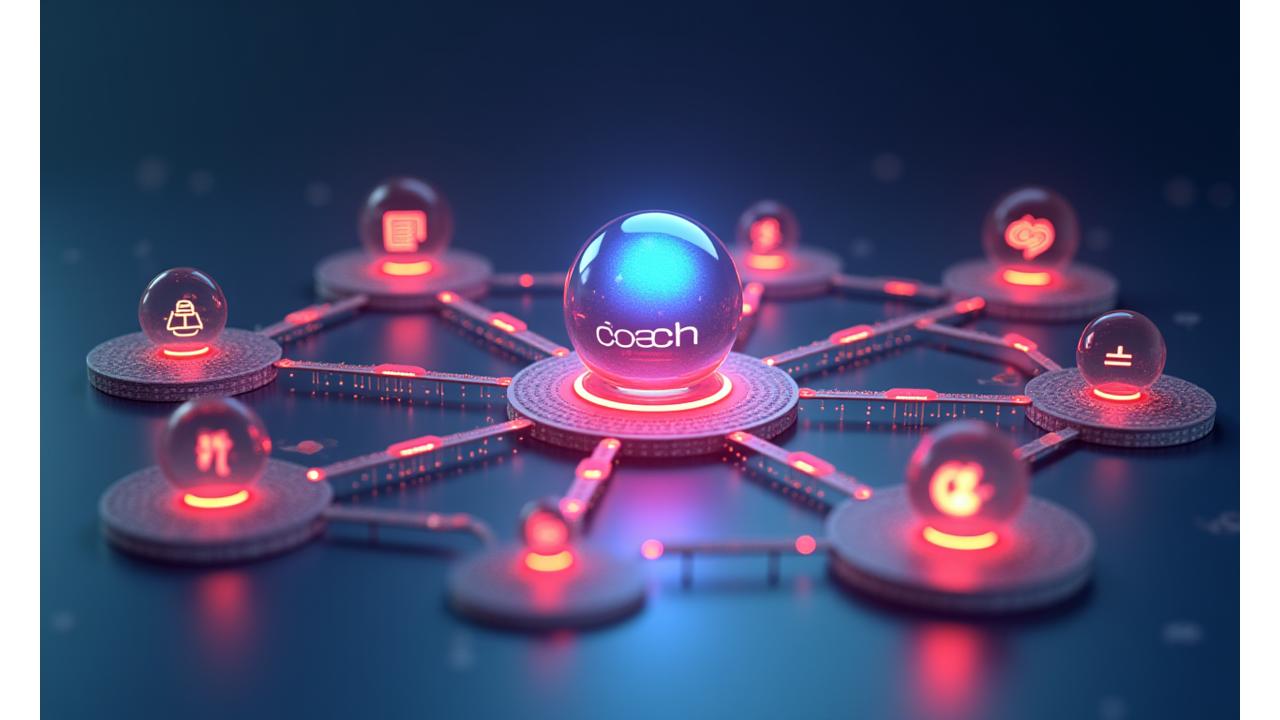 Diagramma che mostra il Coach AI al centro, connesso al calcolatore BMI, piani alimentari, community e tracker abitudini