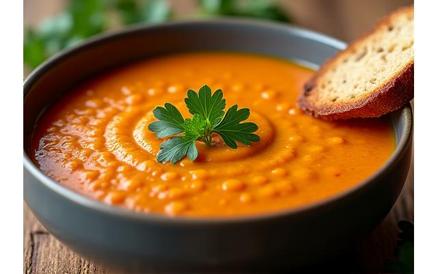 Vellutata di lenticchie rosse con carote e pane tostato