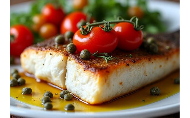 Sgombro al forno con pomodoro e capperi, con contorno di insalata di ceci