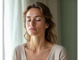 Donna sorridente che pratica meditazione, simbolo di benessere femminile