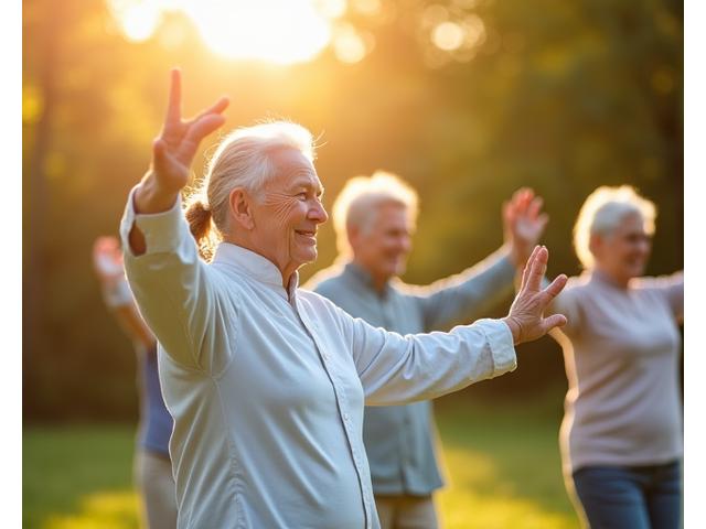 Persona anziana sorridente fa stretching leggero in un parco soleggiato, focus sulla vitalità e longevità